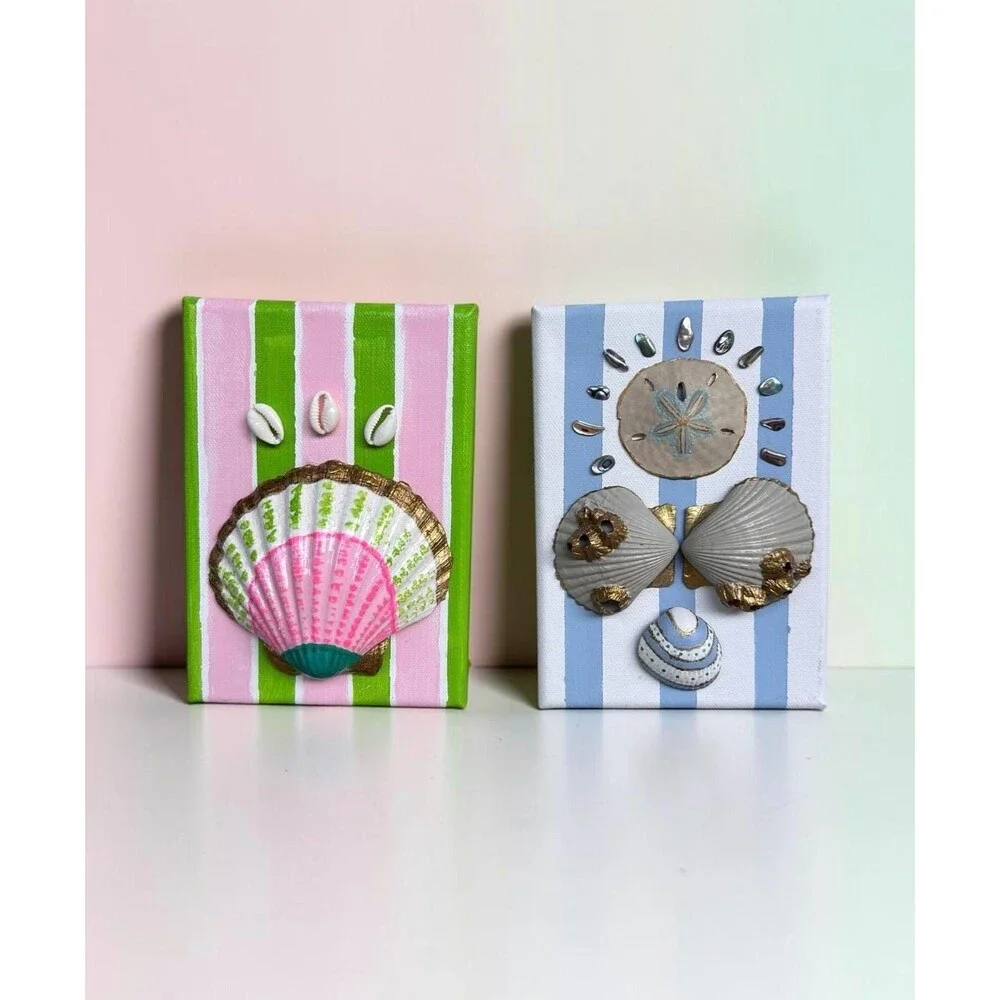 Set of 2 Preppy Beach Handpainted Shell Art Mini Canvas 5x7 Coastal Wall Decor